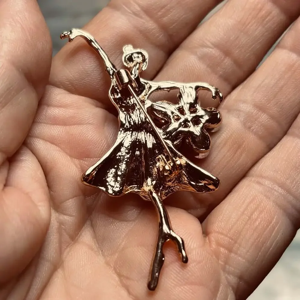 Red Enamel Ballerina Dancer Brooch with Crystal Flower Accent